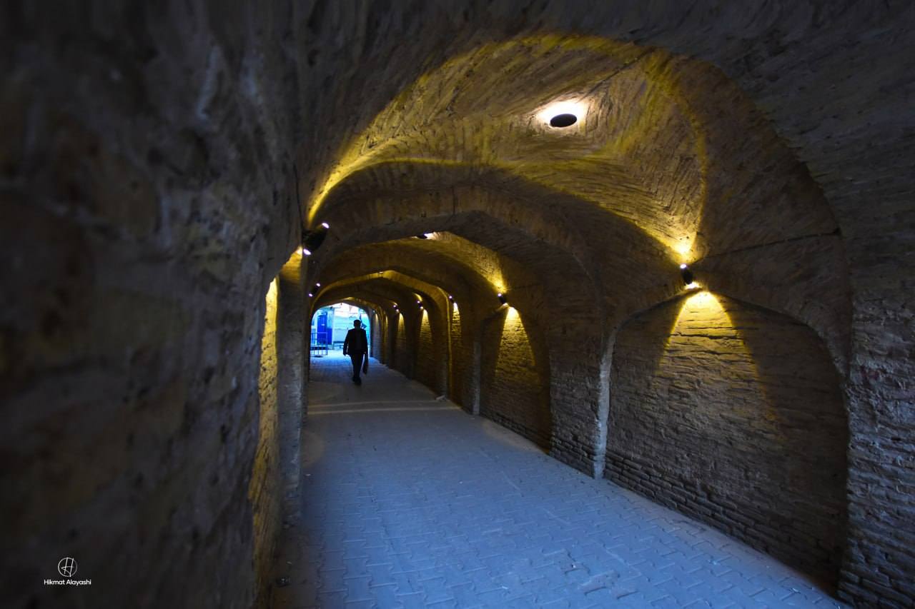  tunnel with lights led to center old city in Karbala, Iraq