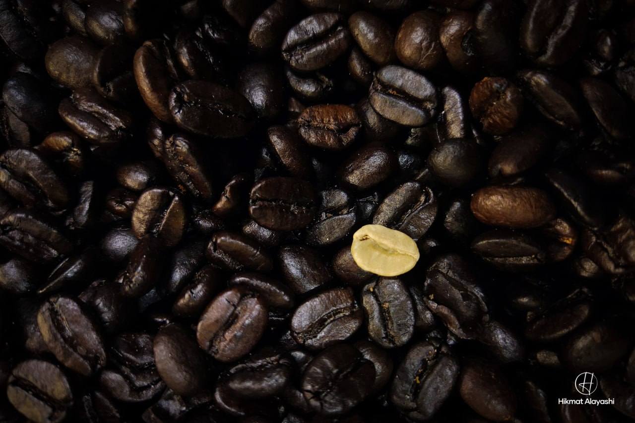roasted coffee beans with one unroasted bean