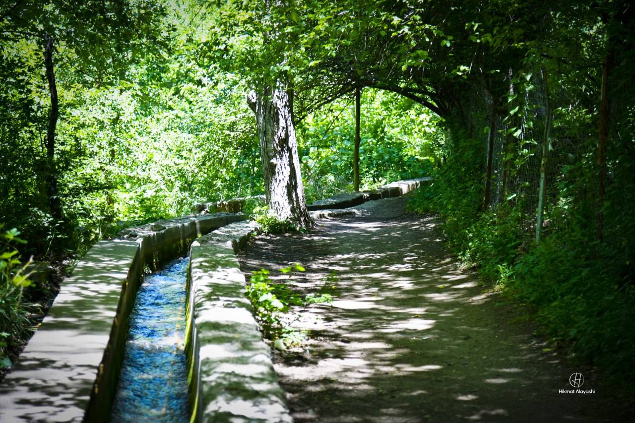 green shaded path with flowing water in Sulaymaniyah, Iraq
